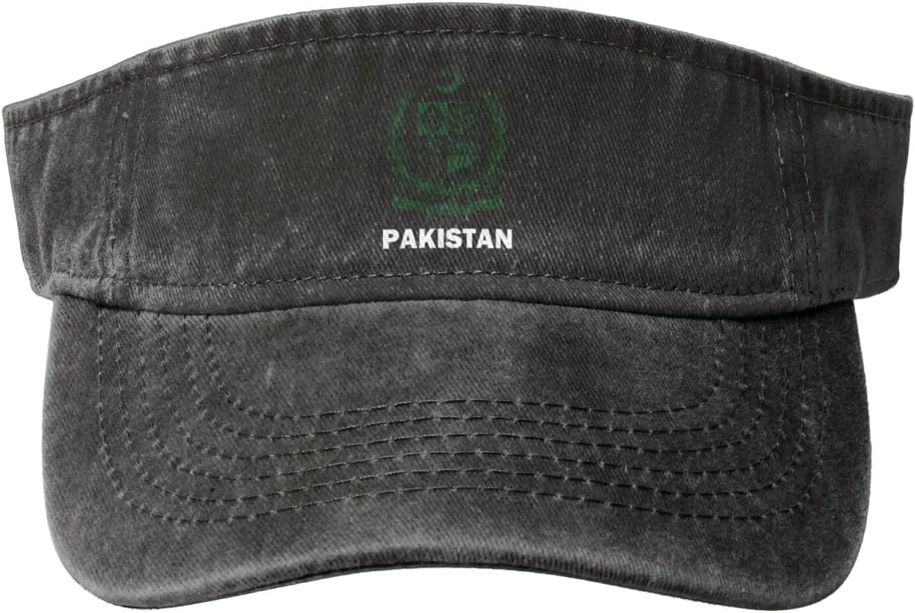 Coat of Arms of Pakistan Flag Washed Denim Visor Hat for Men & Women, Adjustable Sun Cap with UV Protection