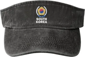 Coat of Arms of South Korea Flag Washed Denim Visor Hat for Men & Women, Adjustable Sun Cap with UV Protection