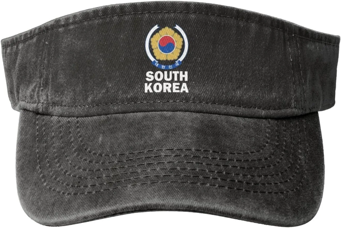 Coat of Arms of South Korea Flag Washed Denim Visor Hat for Men & Women, Adjustable Sun Cap with UV Protection