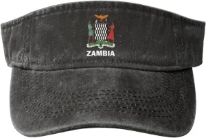 Coat of Arms of Zambia Flag Washed Denim Visor Hat for Men & Women, Adjustable Sun Cap with UV Protection