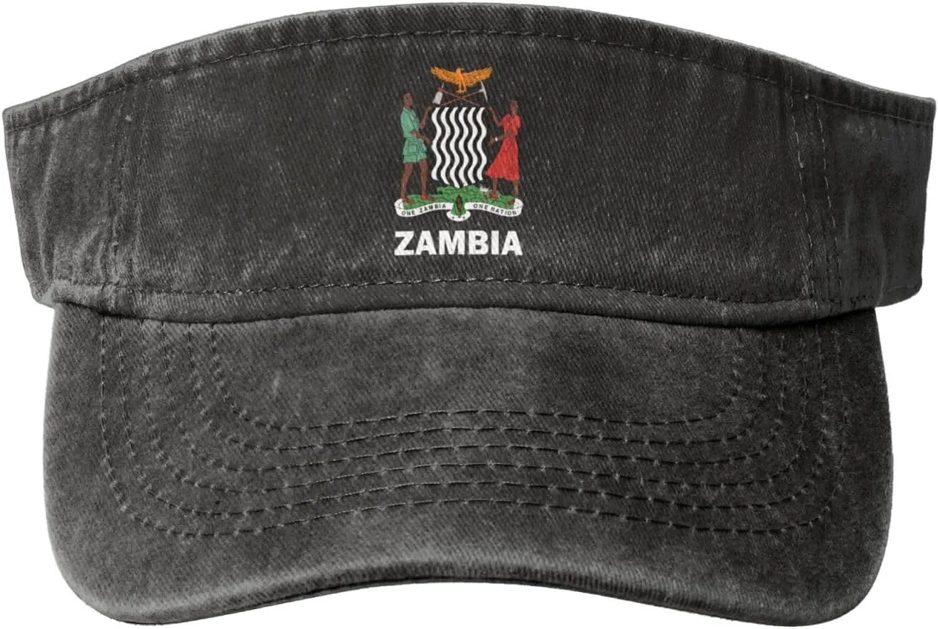 Coat of Arms of Zambia Flag Washed Denim Visor Hat for Men & Women, Adjustable Sun Cap with UV Protection