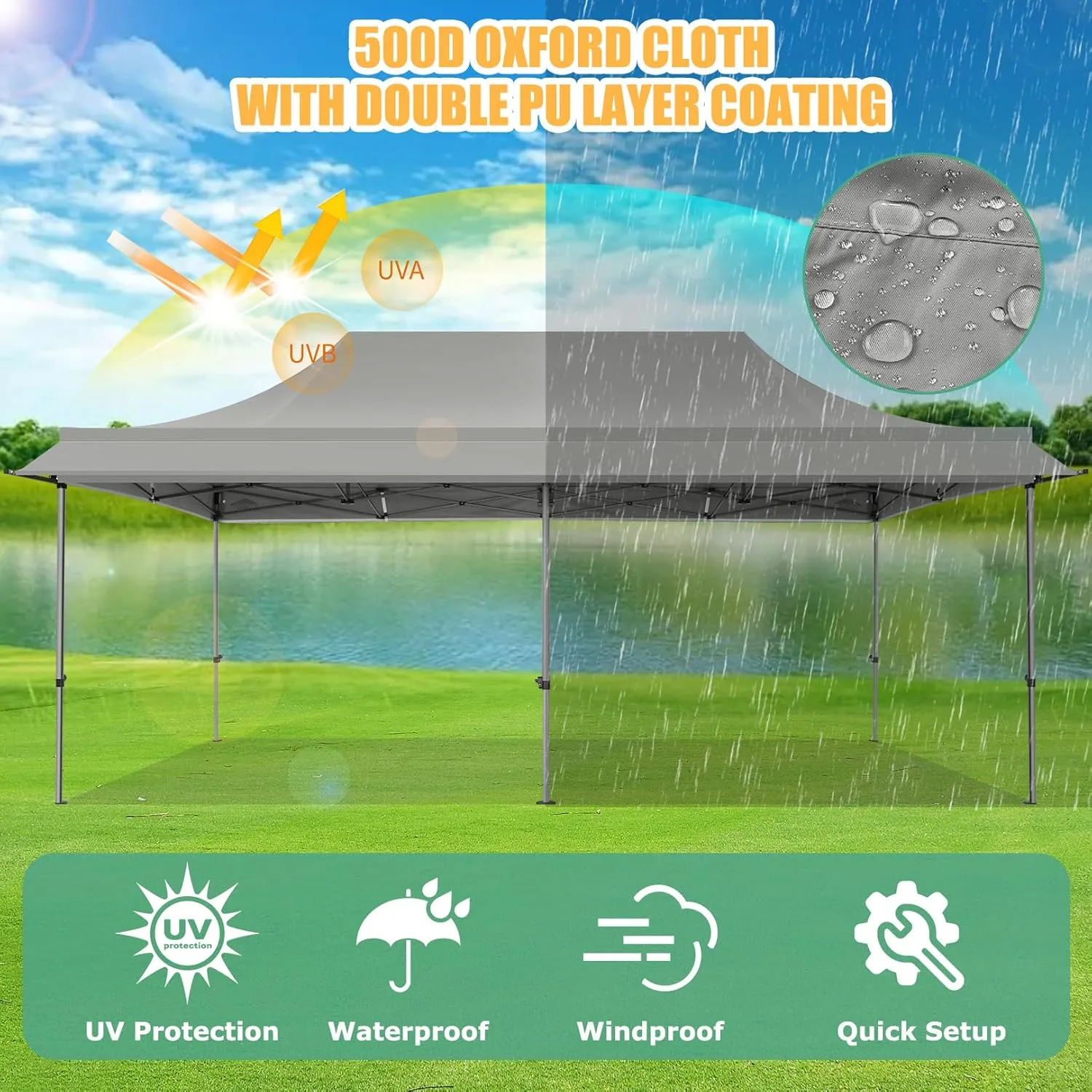 COBIZI 10x20 Pop Up Canopy Tent with Awning,Heavy Duty Canopy UPF 50  All Season Wind Waterproof Commercial Outdoor Street Vendors Party Tents for Parties Canopy with Roller Bag(10 x 20 ft Gray)
