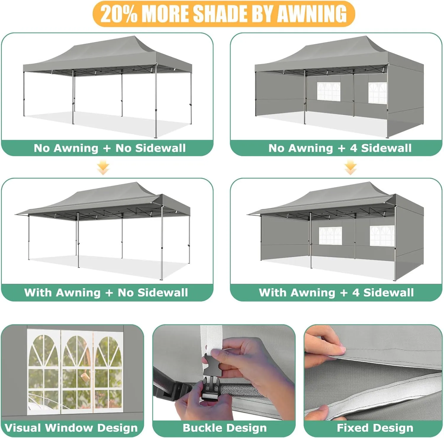 COBIZI 10x20 Pop Up Canopy Tent with Awning,Heavy Duty Canopy UPF 50  All Season Wind Waterproof Commercial Outdoor Street Vendors Party Tents for Parties Canopy with Roller Bag(10 x 20 ft Gray)