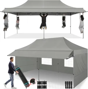 COBIZI 10x20 Pop Up Canopy Tent with Awning,Heavy Duty Canopy UPF 50  All Season Wind Waterproof Commercial Outdoor Street Vendors Party Tents for Parties Canopy with Roller Bag(10 x 20 ft Gray)