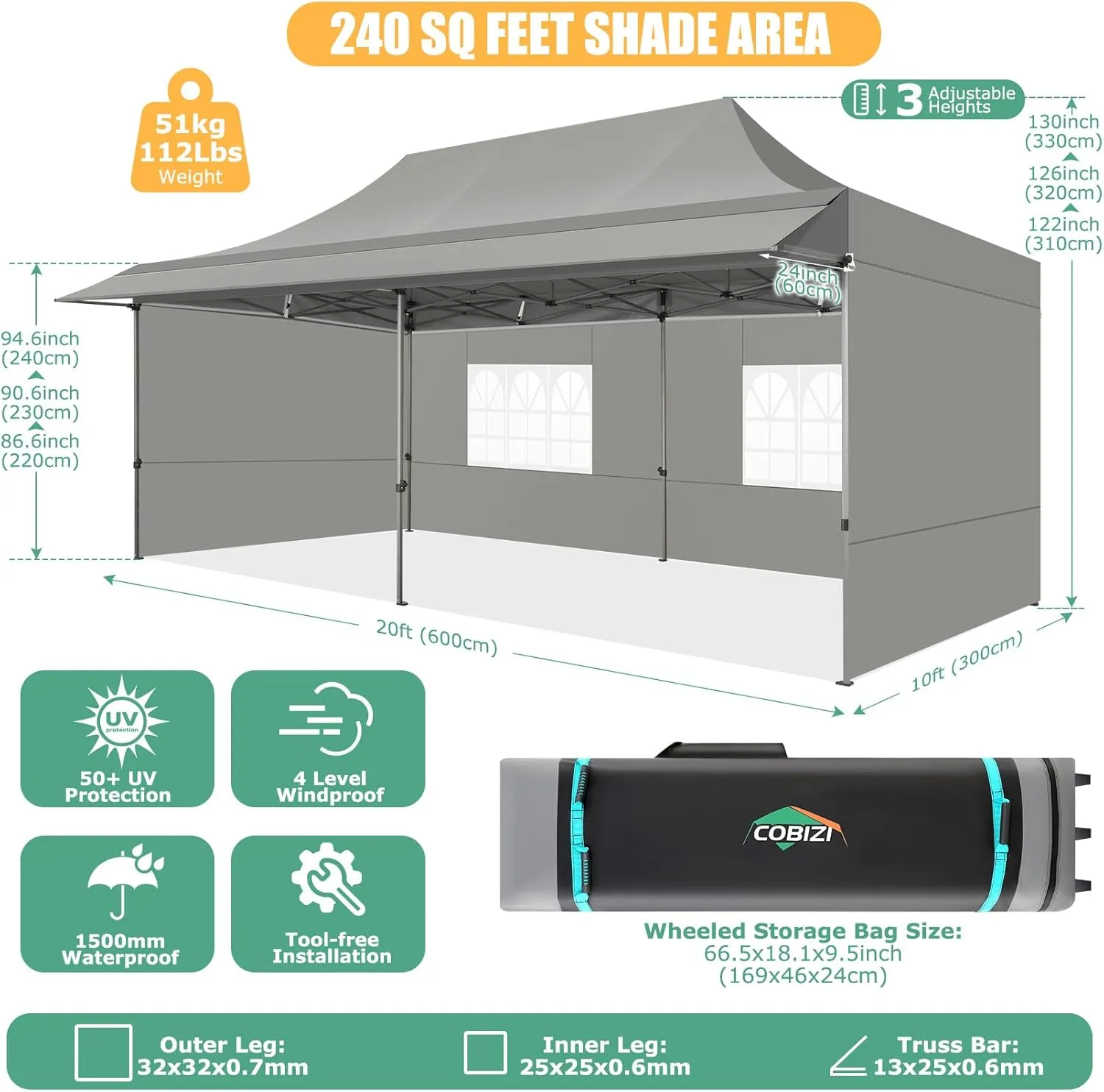 COBIZI 10x20 Pop Up Canopy Tent with Awning,Heavy Duty Canopy UPF 50  All Season Wind Waterproof Commercial Outdoor Street Vendors Party Tents for Parties Canopy with Roller Bag(10 x 20 ft Gray)