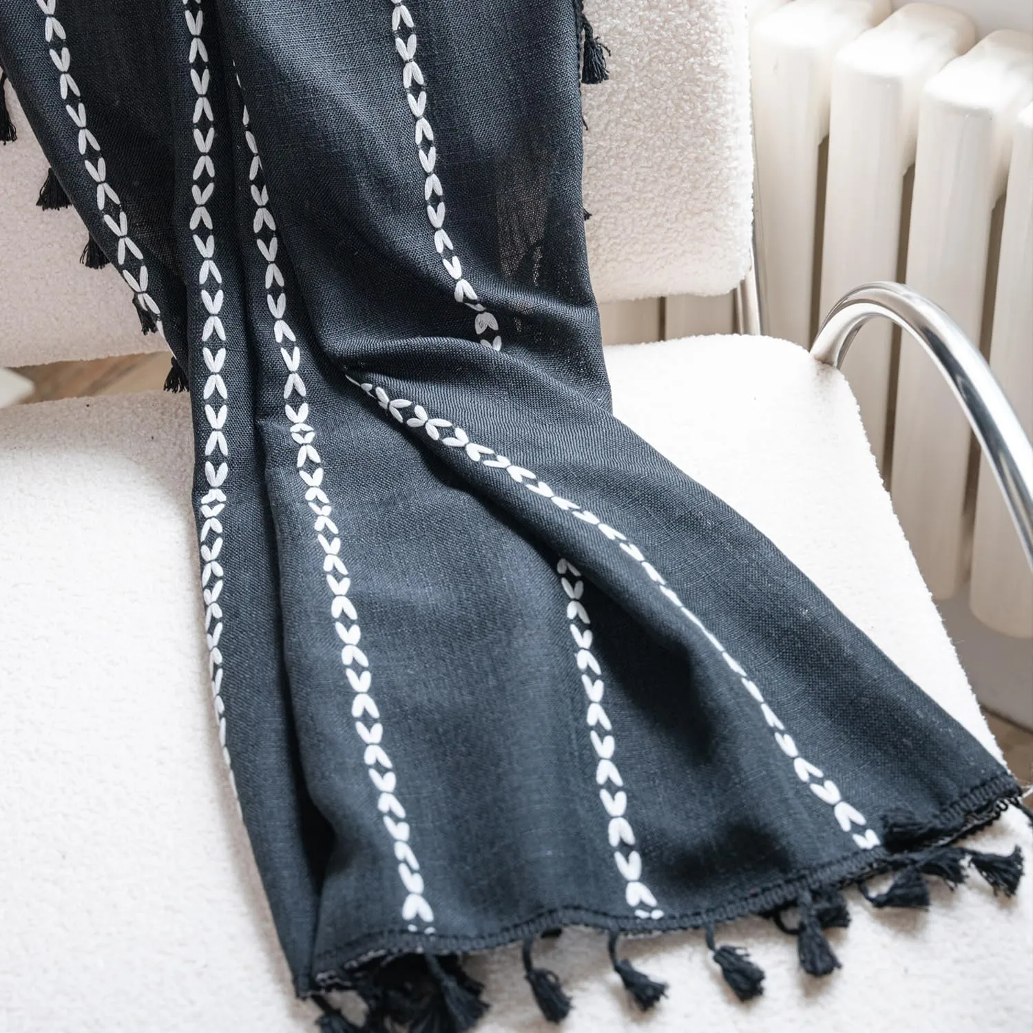 ColorBird Black Curtain Panel, Linen Darkening Drapes 63 Inch Length 2 Panels, Embroidery Boho Room Divider Curtains Black for Living Room Dining Office Closet