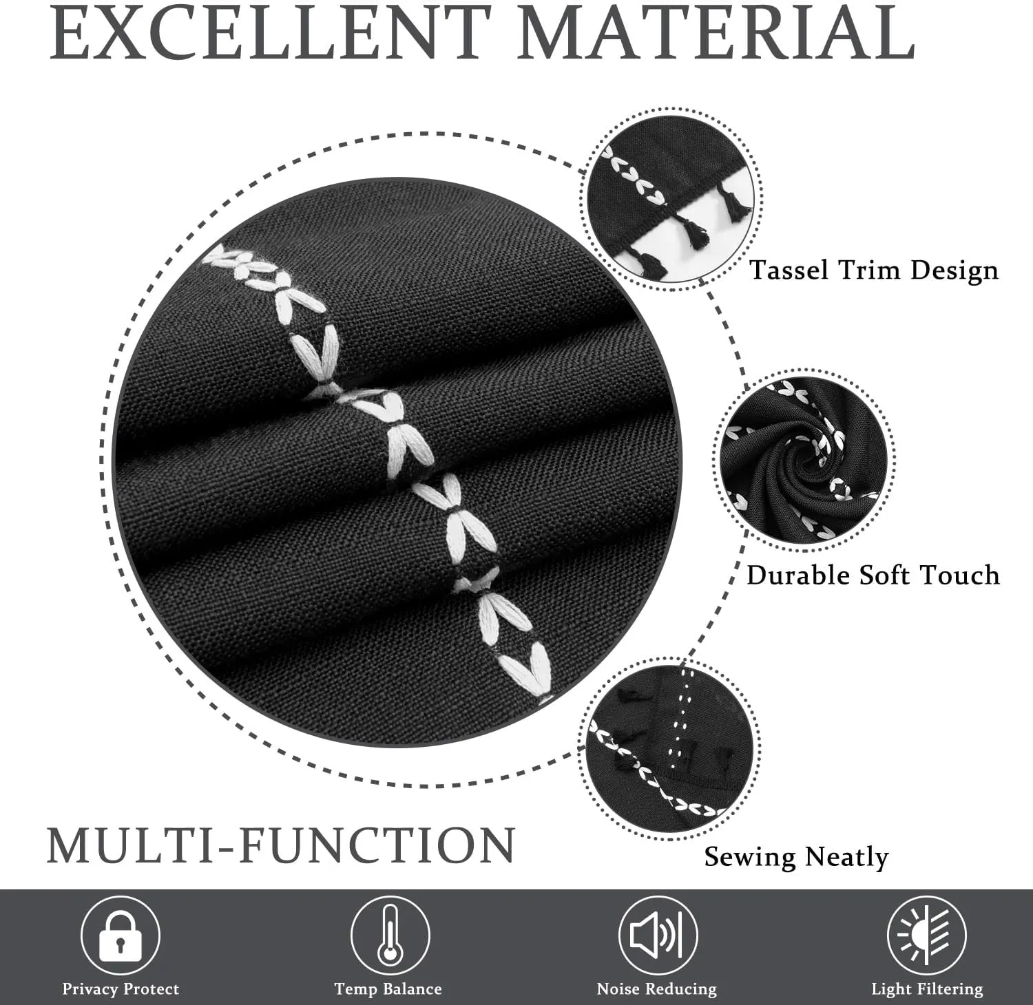 ColorBird Black Curtains for Living Room, 2 Panels Linen Curtains 84 Inches Long, Boho Room Darkening Black Drapes, Embroidered Window Curtains for Bedroom Door Office