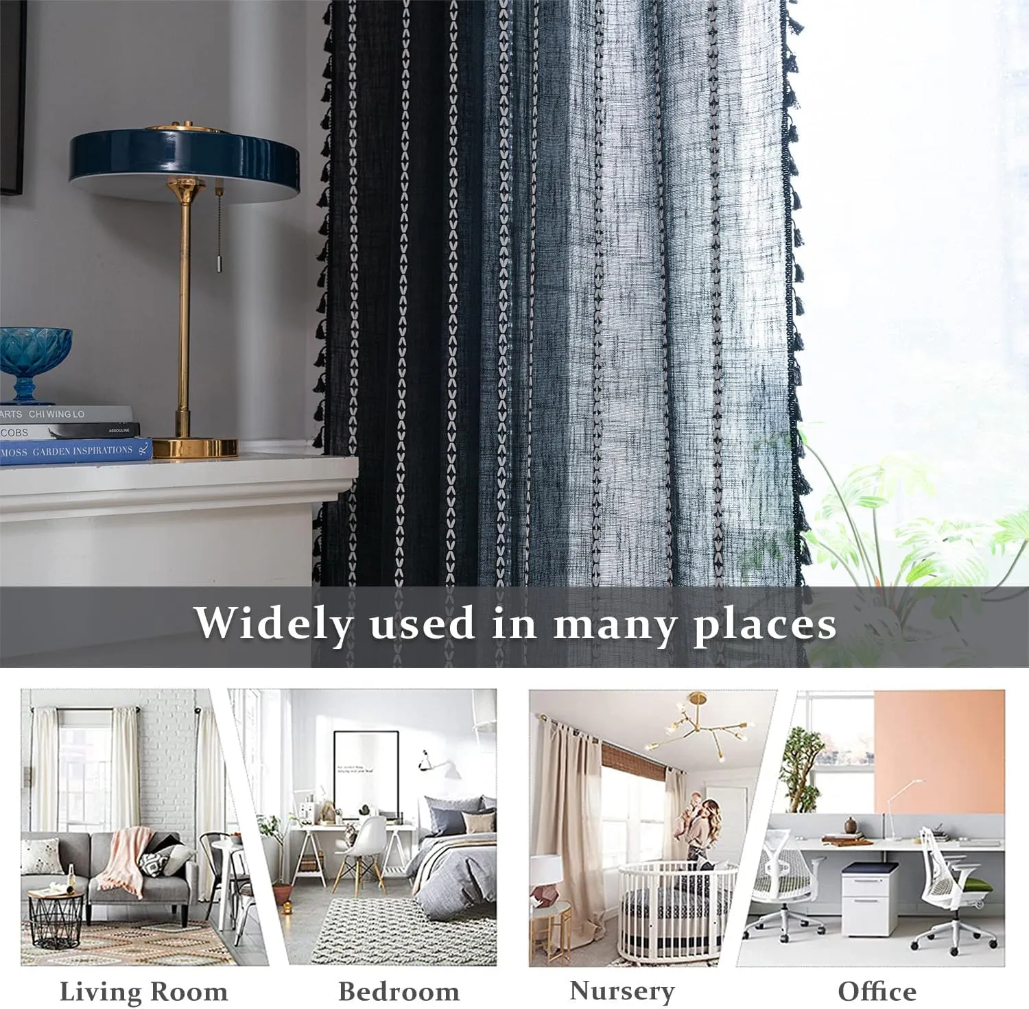 ColorBird Black Curtains for Living Room, 2 Panels Linen Curtains 84 Inches Long, Boho Room Darkening Black Drapes, Embroidered Window Curtains for Bedroom Door Office