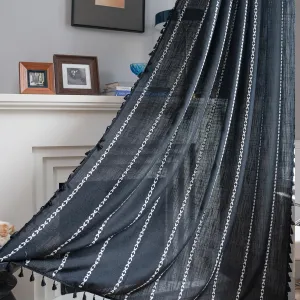 ColorBird Black Curtains for Living Room, 2 Panels Linen Curtains 84 Inches Long, Boho Room Darkening Black Drapes, Embroidered Window Curtains for Bedroom Door Office