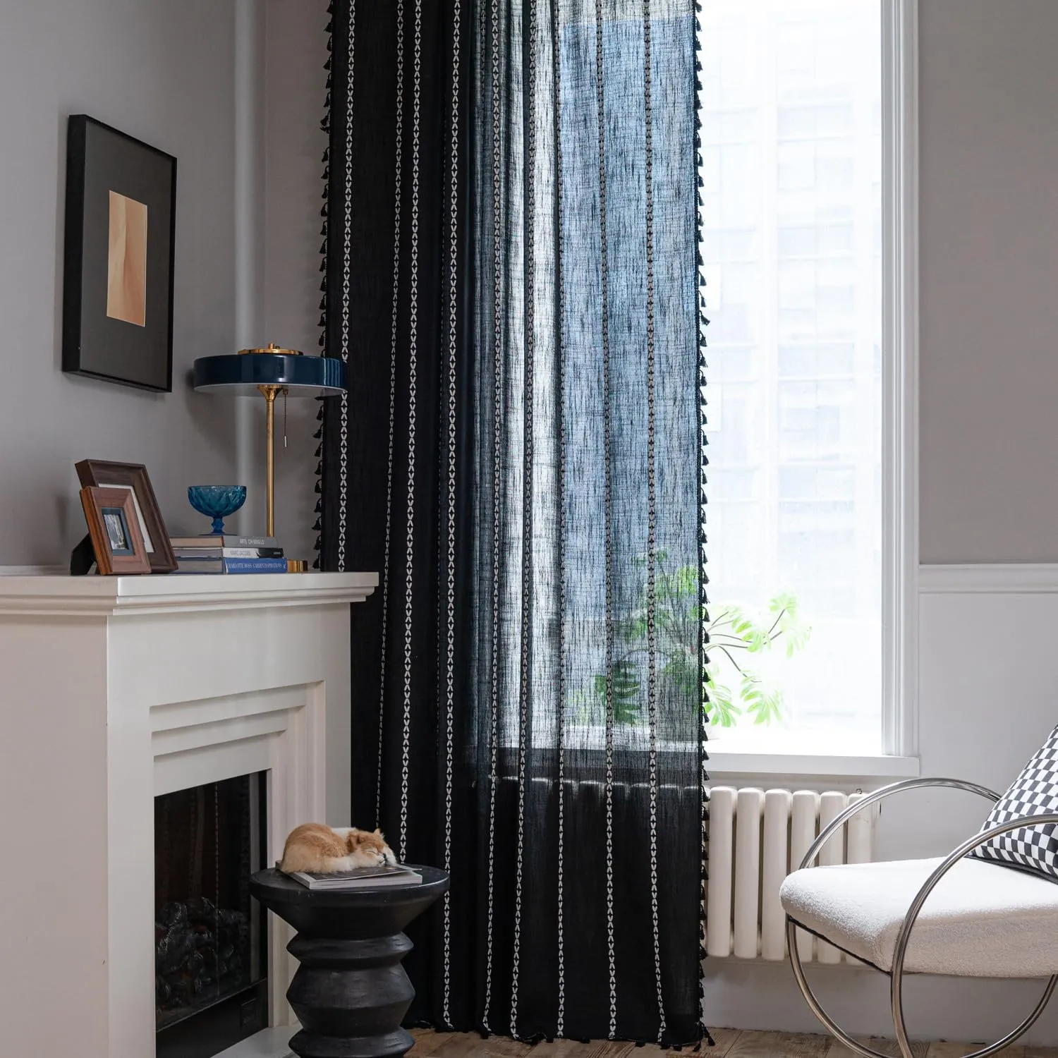 ColorBird Black Curtains for Living Room, 2 Panels Linen Curtains 84 Inches Long, Boho Room Darkening Black Drapes, Embroidered Window Curtains for Bedroom Door Office