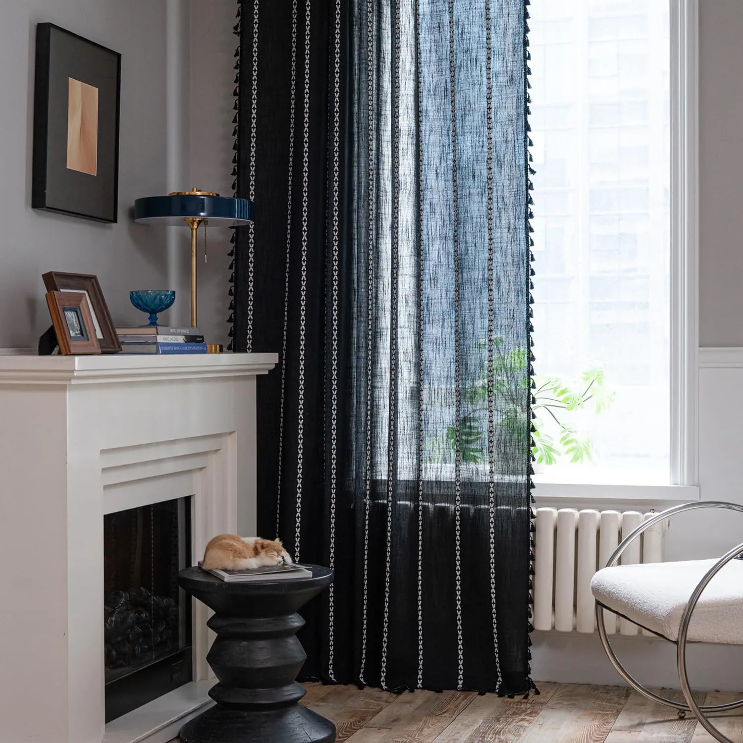 ColorBird Black Curtains for Living Room, 2 Panels Linen Curtains 84 Inches Long, Boho Room Darkening Black Drapes, Embroidered Window Curtains for Bedroom Door Office