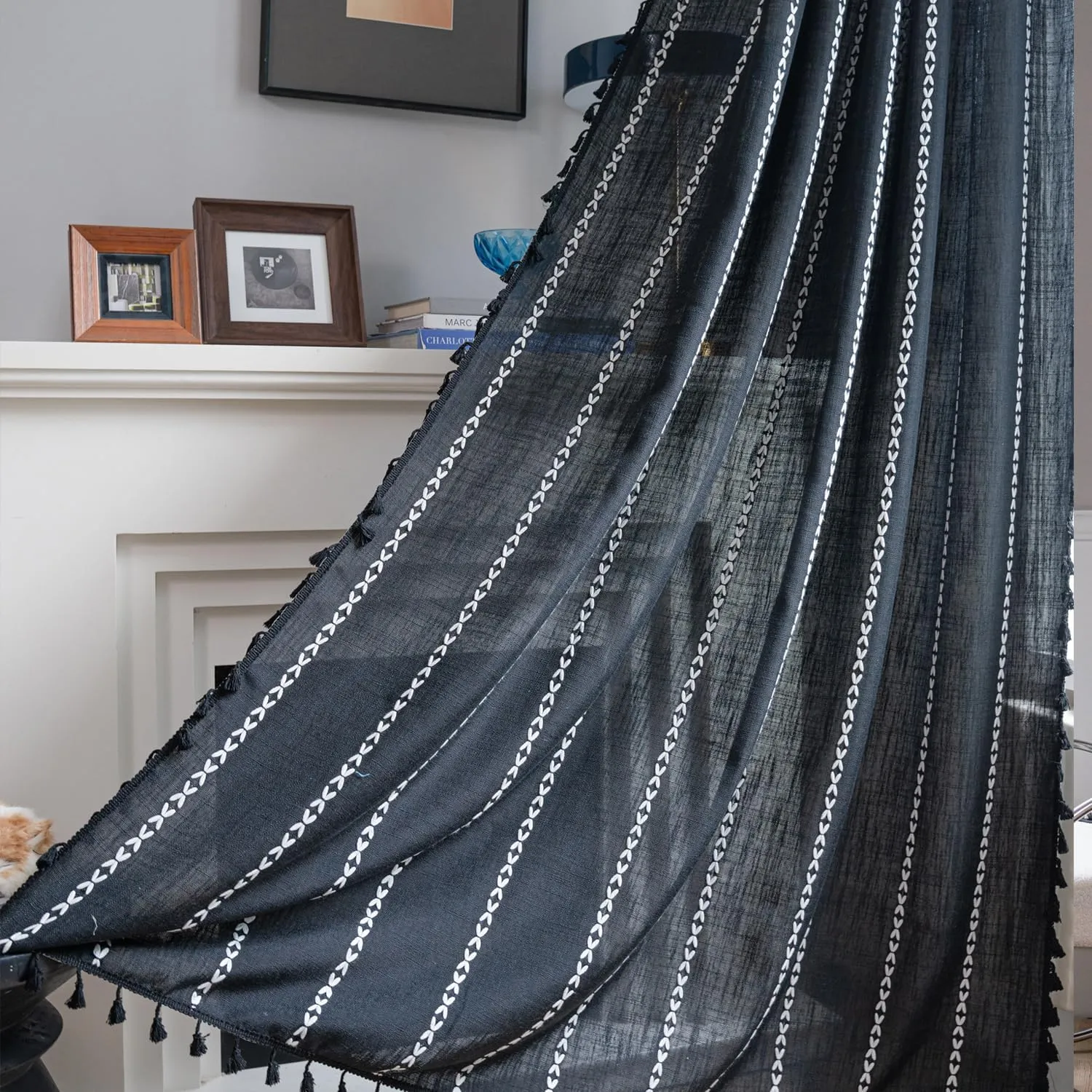ColorBird Black Curtains for Living Room, 2 Panels Linen Curtains 84 Inches Long, Boho Room Darkening Black Drapes, Embroidered Window Curtains for Bedroom Door Office