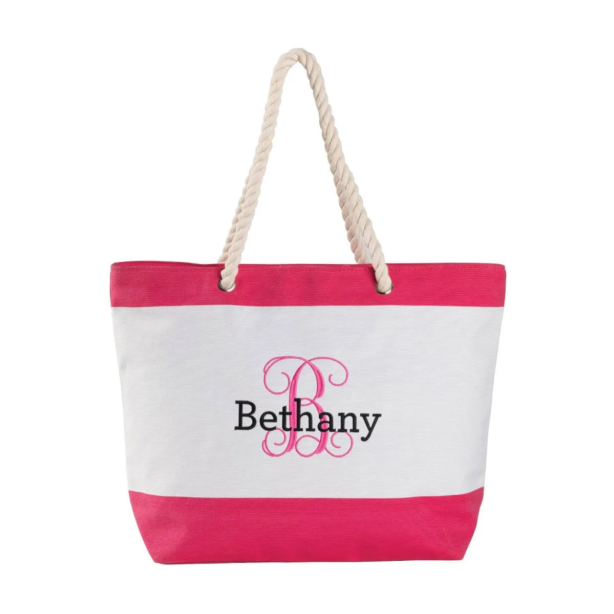 Colorful Script Initial & Name Ladies' Beach Tote - Pink Stripe