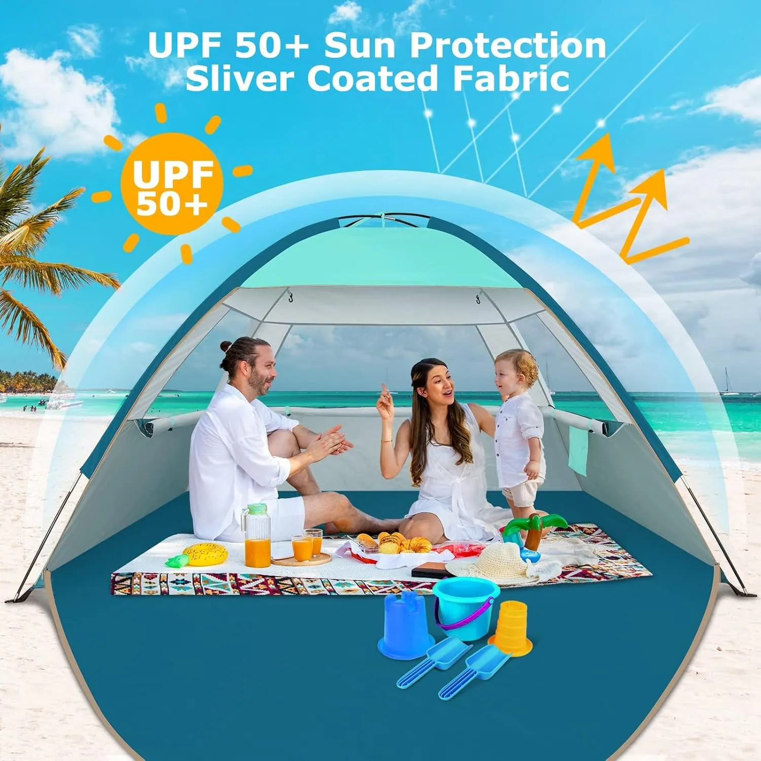 COMMOUDS Beach Tent Sun Shade for 3/4-5/6-7/8-10 Person, UPF 50  Beach Sun Shelter Canopy Tent, Lightweight, Easy Set Up and Carry