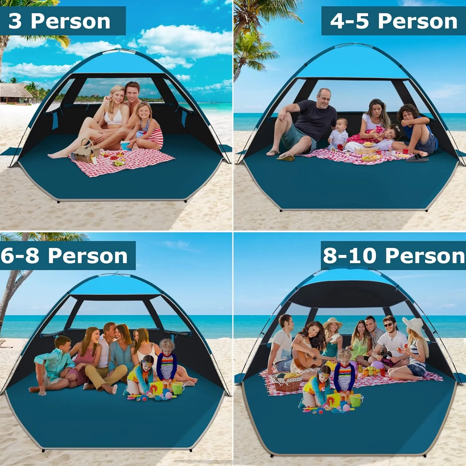 COMMOUDS Beach Tent Sun Shade for 3/4-5/6-7/8-10 Person, UPF 50  Beach Sun Shelter Canopy Tent, Lightweight, Easy Set Up and Carry