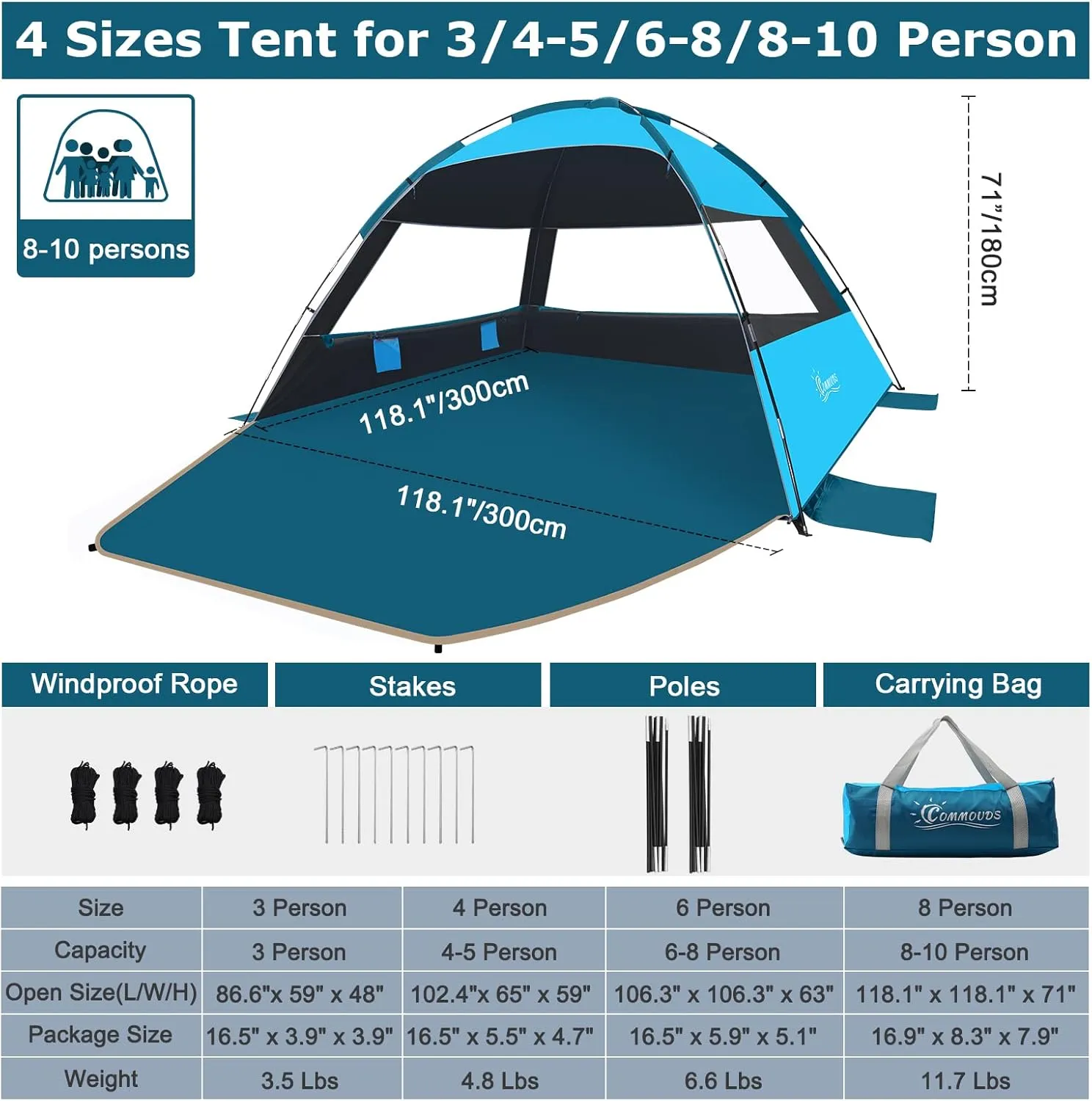 COMMOUDS Beach Tent Sun Shade for 3/4-5/6-7/8-10 Person, UPF 50  Beach Sun Shelter Canopy Tent, Lightweight, Easy Set Up and Carry