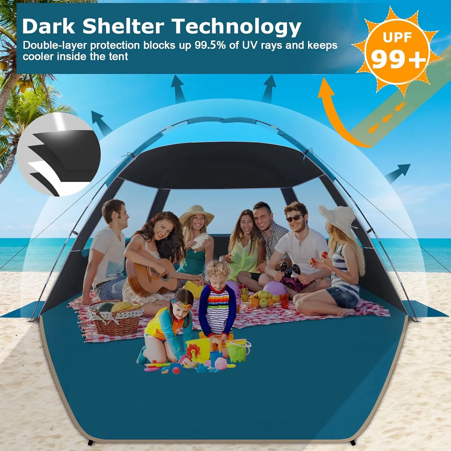 COMMOUDS Beach Tent Sun Shade for 3/4-5/6-7/8-10 Person, UPF 50  Beach Sun Shelter Canopy Tent, Lightweight, Easy Set Up and Carry