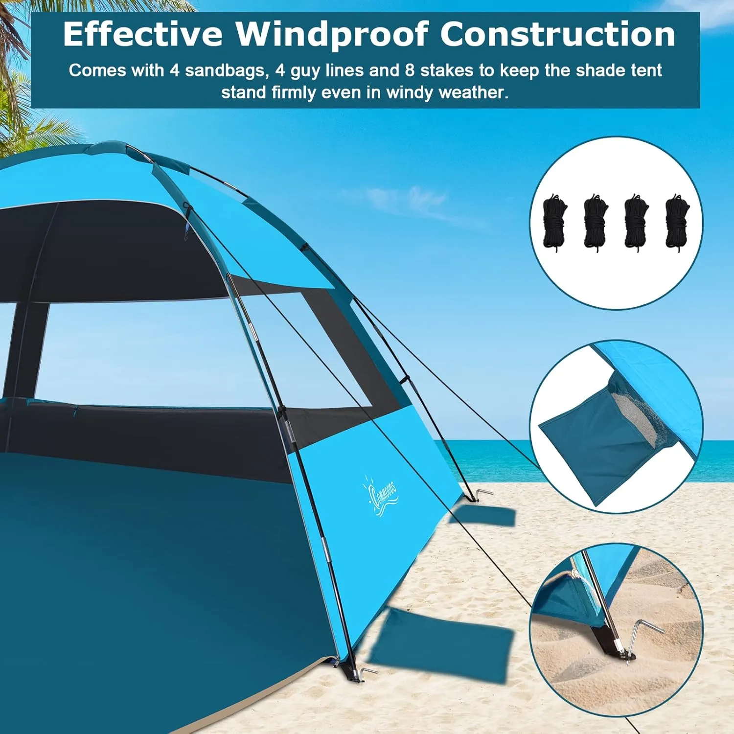COMMOUDS Beach Tent Sun Shade for 3/4-5/6-7/8-10 Person, UPF 50  Beach Sun Shelter Canopy Tent, Lightweight, Easy Set Up and Carry