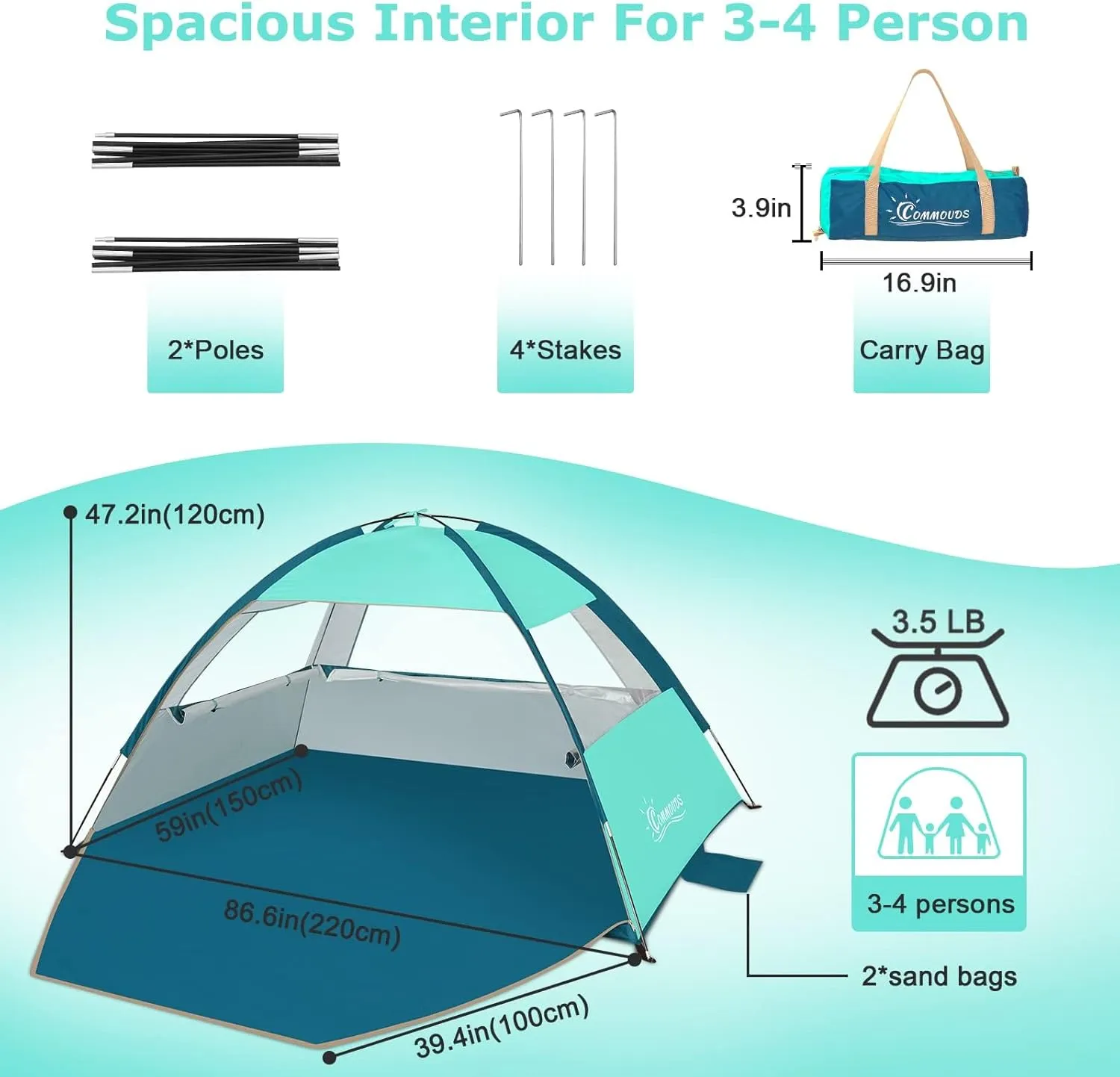 COMMOUDS Beach Tent Sun Shade for 3/4-5/6-7/8-10 Person, UPF 50  Beach Sun Shelter Canopy Tent, Lightweight, Easy Set Up and Carry