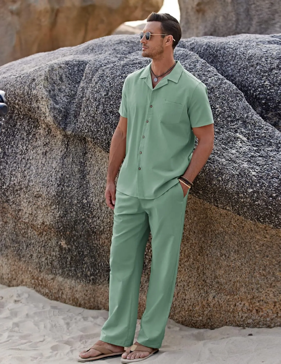 COOFANDY Men 2 Piece Linen Outfit Beach Button Down Shirt Casual Loose Pant Sets