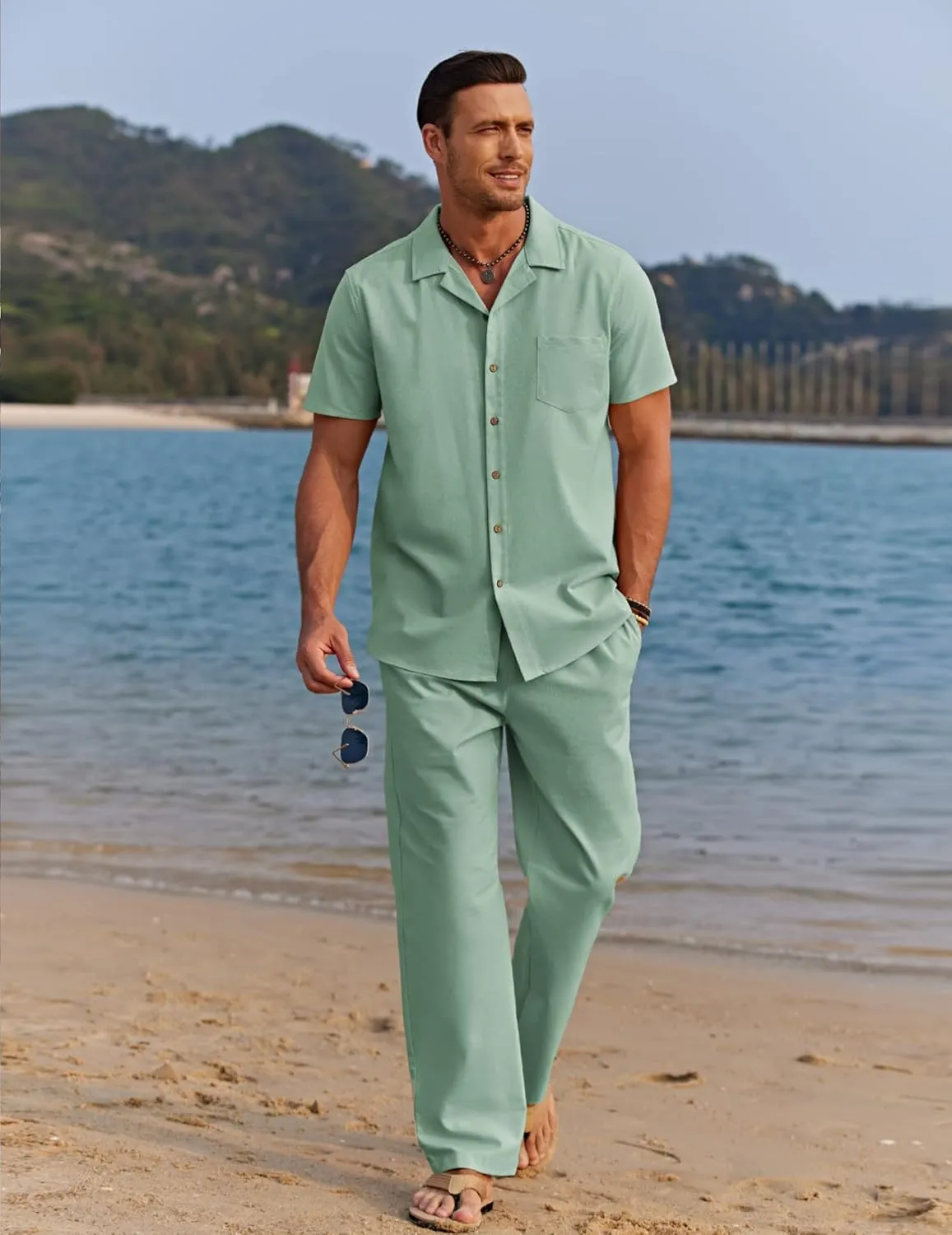 COOFANDY Men 2 Piece Linen Outfit Beach Button Down Shirt Casual Loose Pant Sets