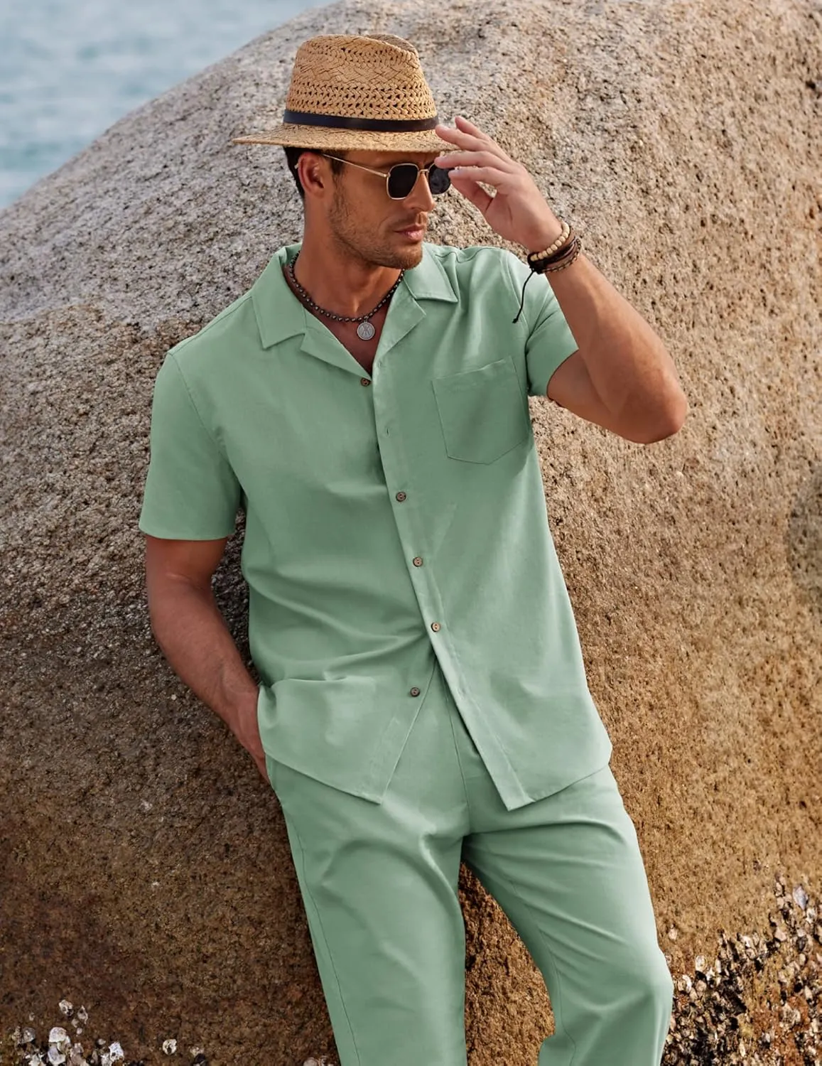 COOFANDY Men 2 Piece Linen Outfit Beach Button Down Shirt Casual Loose Pant Sets