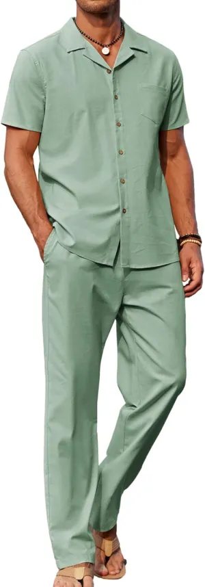 COOFANDY Men 2 Piece Linen Outfit Beach Button Down Shirt Casual Loose Pant Sets