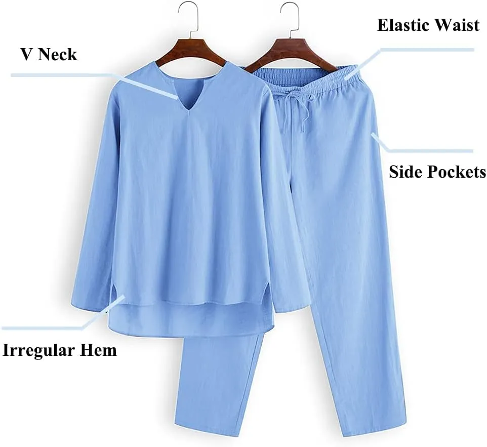 COOFANDY Men's 2 Pieces Cotton Linen Set Henley Shirt Long Sleeve and Casual Beach Pants Summer Yoga Outfits