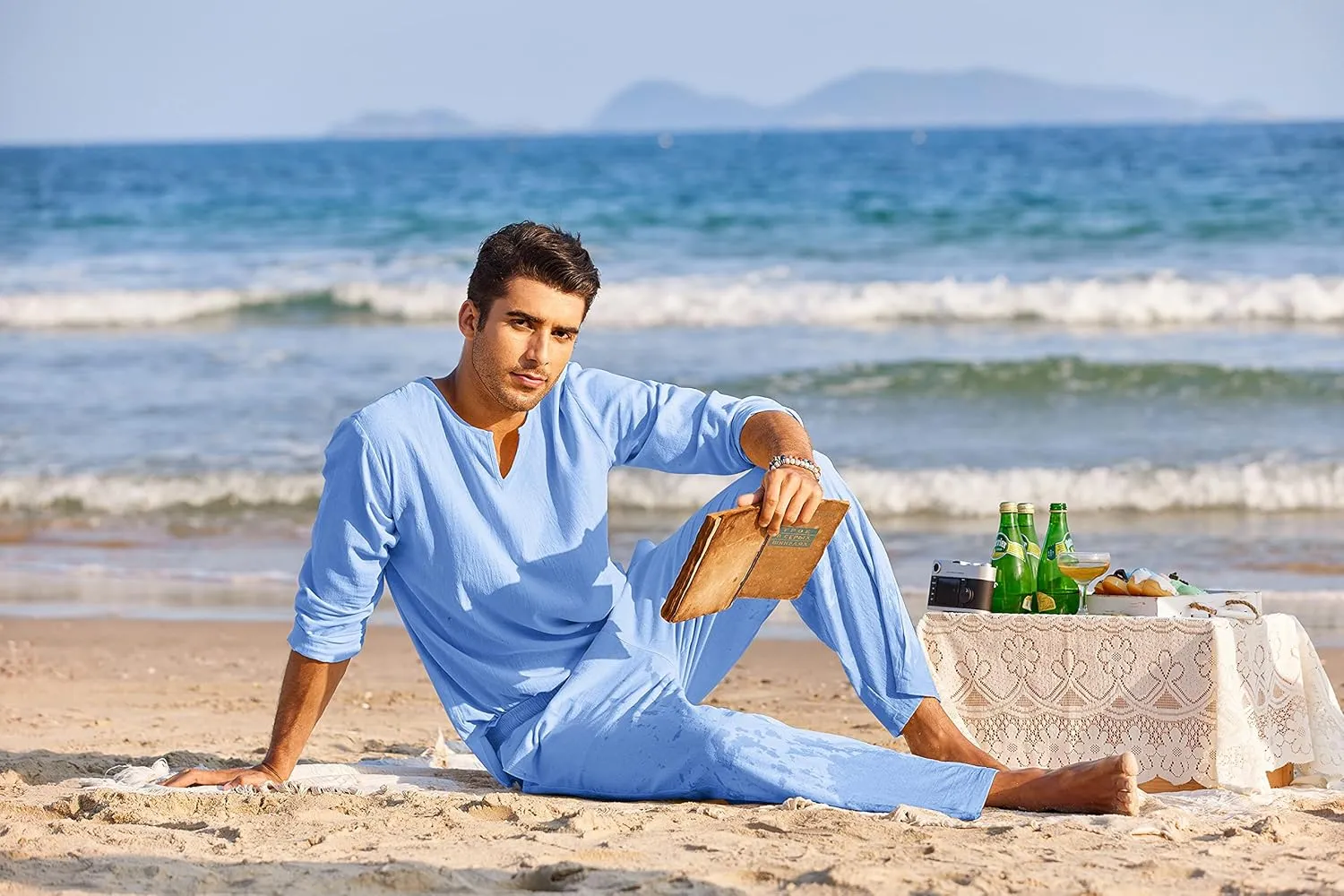COOFANDY Men's 2 Pieces Cotton Linen Set Henley Shirt Long Sleeve and Casual Beach Pants Summer Yoga Outfits