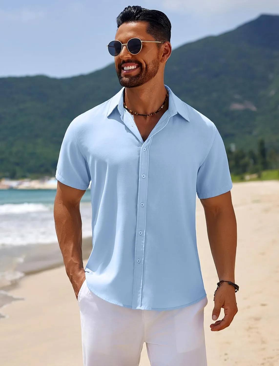 COOFANDY Mens Casual Beach Shirts Short Sleeve Button Down Shirts Summer Vacation Untucked Dress Shirts