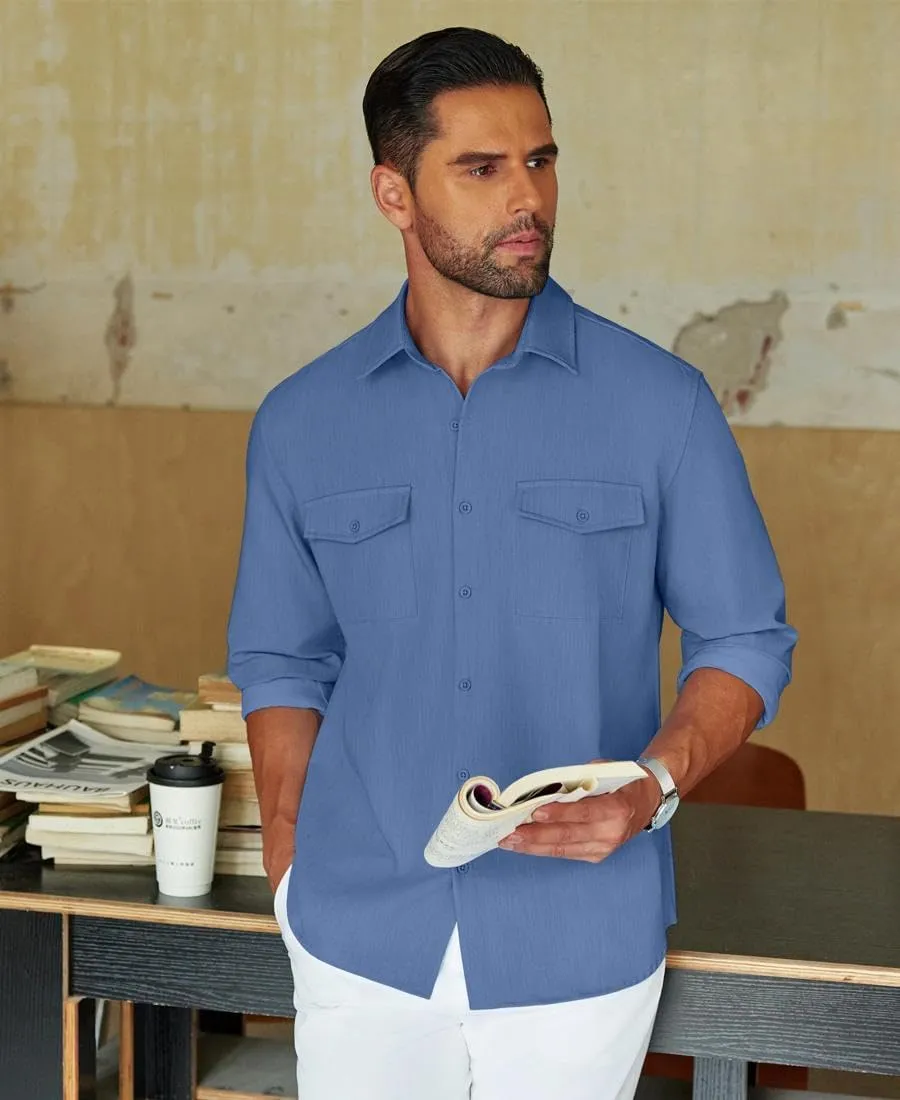 COOFANDY Men's Casual Button Down Shirt Long Sleeve Untucked Shirt Stretch Denim Dress Shirt with Pockets