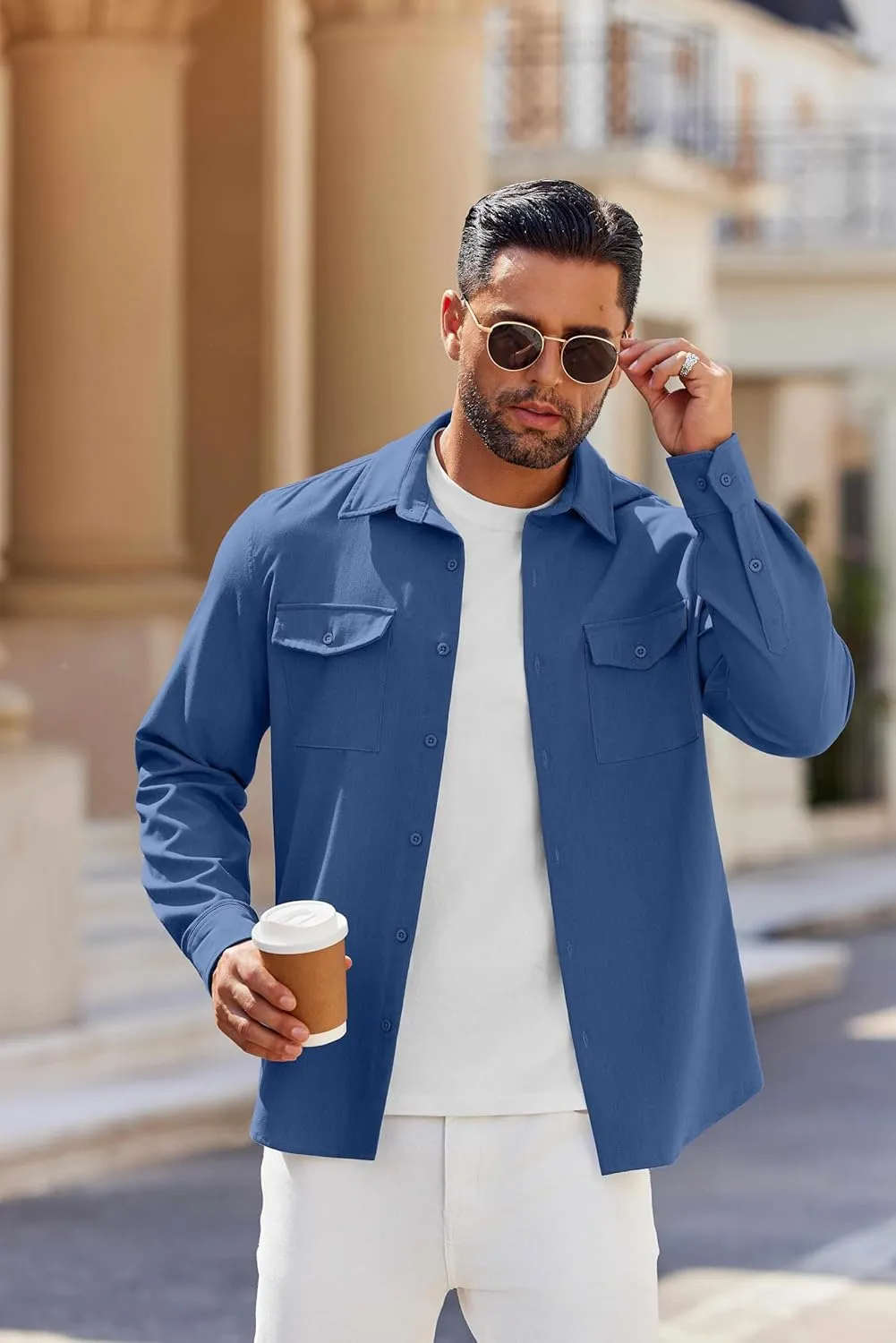 COOFANDY Men's Casual Button Down Shirt Long Sleeve Untucked Shirt Stretch Denim Dress Shirt with Pockets