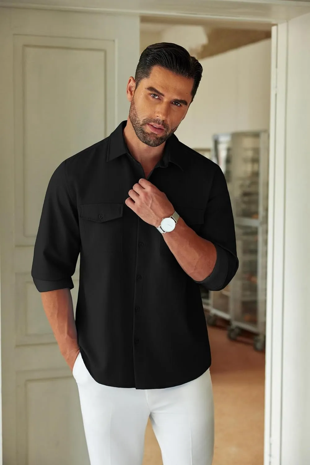 COOFANDY Men's Casual Button Down Shirt Long Sleeve Untucked Shirt Stretch Denim Dress Shirt with Pockets