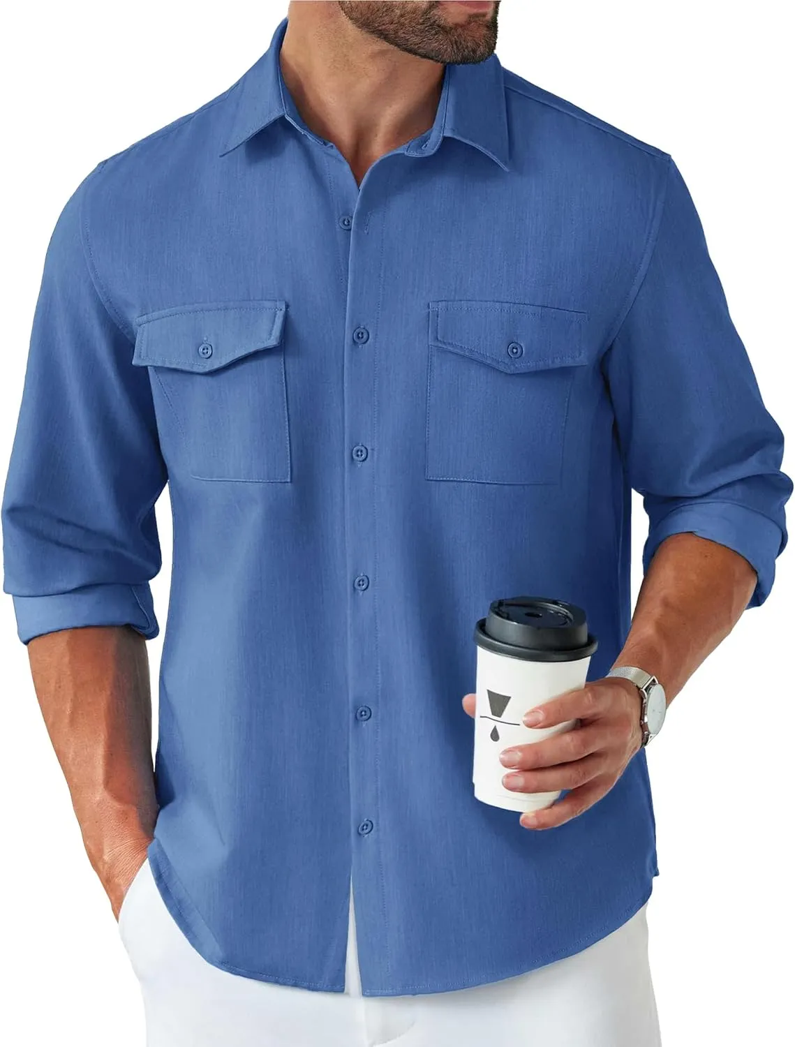 COOFANDY Men's Casual Button Down Shirt Long Sleeve Untucked Shirt Stretch Denim Dress Shirt with Pockets