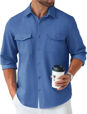 COOFANDY Men's Casual Button Down Shirt Long Sleeve Untucked Shirt Stretch Denim Dress Shirt with Pockets