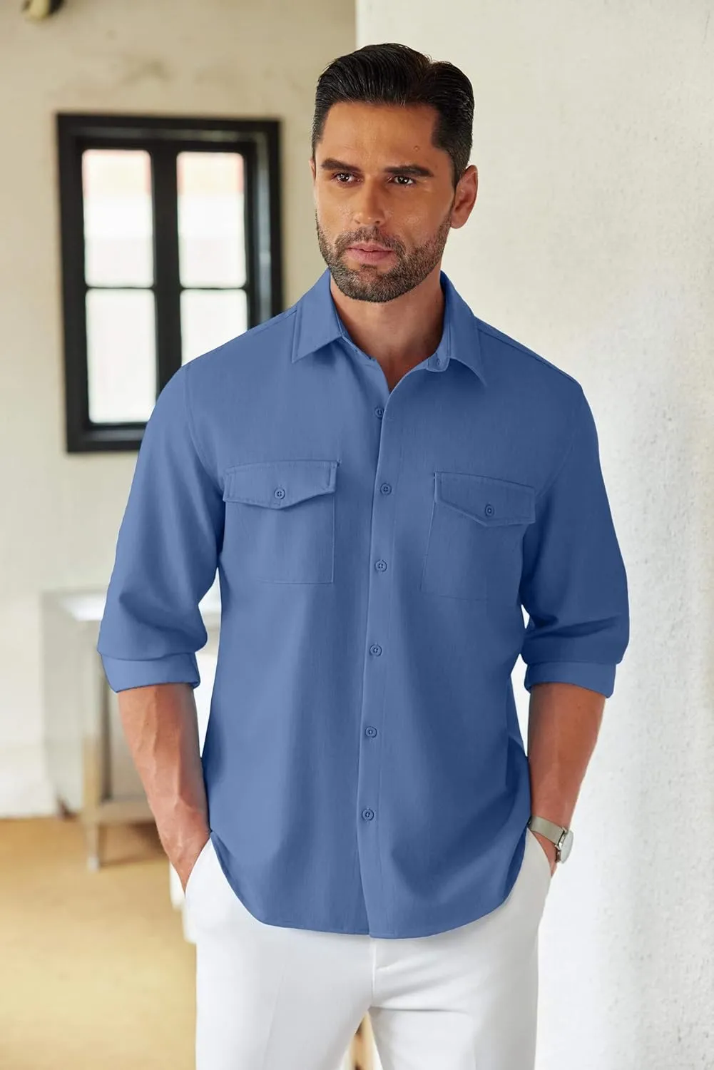 COOFANDY Men's Casual Button Down Shirt Long Sleeve Untucked Shirt Stretch Denim Dress Shirt with Pockets