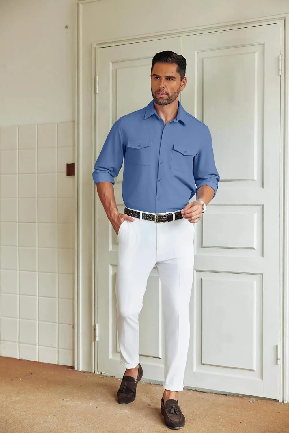 COOFANDY Men's Casual Button Down Shirt Long Sleeve Untucked Shirt Stretch Denim Dress Shirt with Pockets