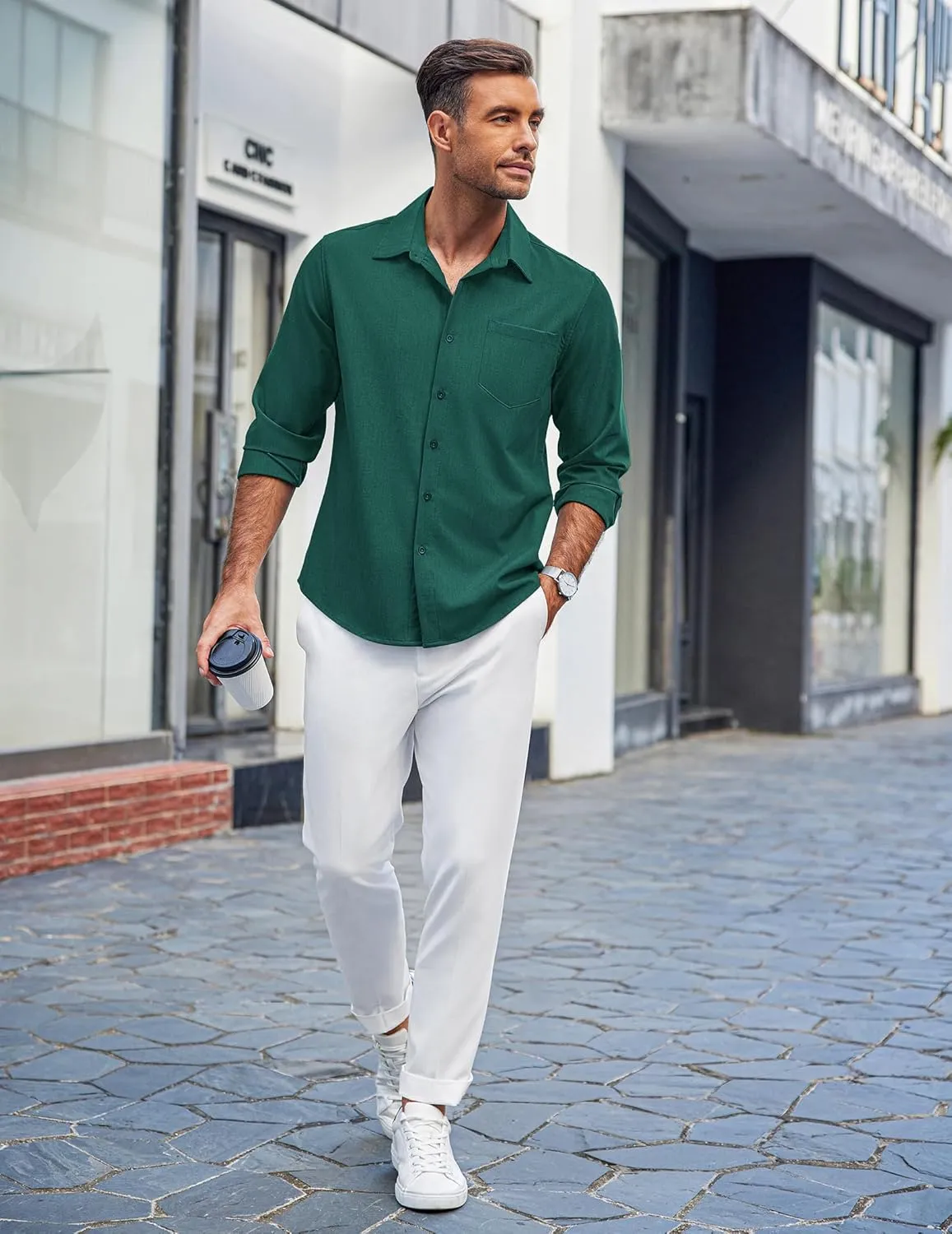 COOFANDY Men's Casual Button Down Shirts Long Sleeve Untucked Shirts Regular Fit Linen Shirt