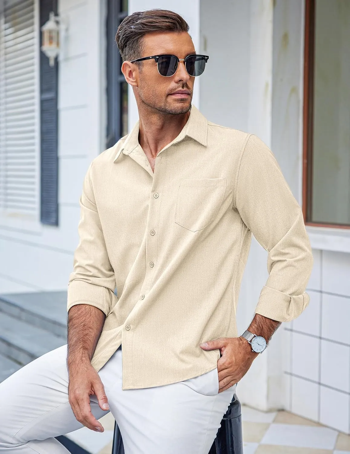 COOFANDY Men's Casual Button Down Shirts Long Sleeve Untucked Shirts Regular Fit Linen Shirt