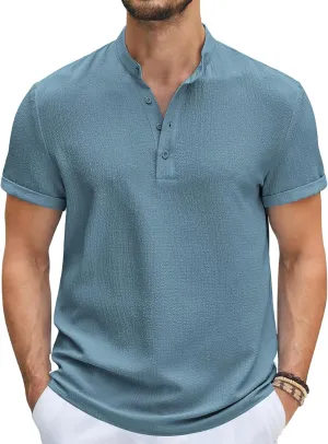 COOFANDY Men's Casual Henley Tee Shirt Band Collar Short Sleeve Summer Beach Hippie T Shirts