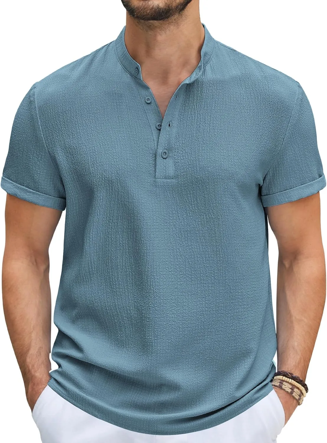 COOFANDY Men's Casual Henley Tee Shirt Band Collar Short Sleeve Summer Beach Hippie T Shirts