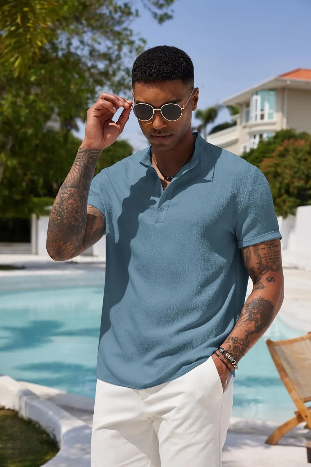 COOFANDY Men's Casual Henley Tee Shirt Band Collar Short Sleeve Summer Beach Hippie T Shirts