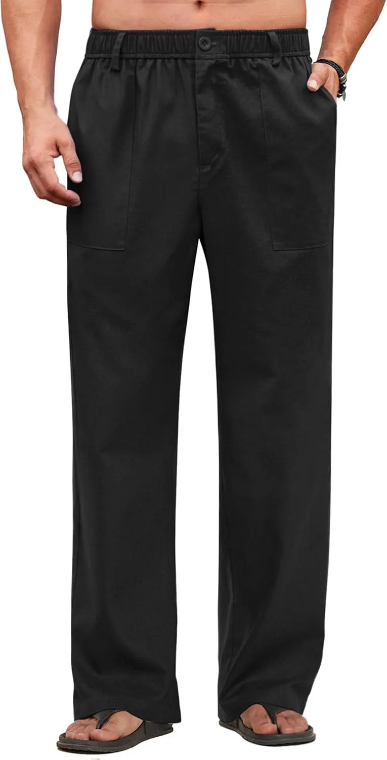 COOFANDY Men's Casual Linen Cotton Pants Elastic Waist Summer Beach Trousers Lightweight Yoga Vacation Pants