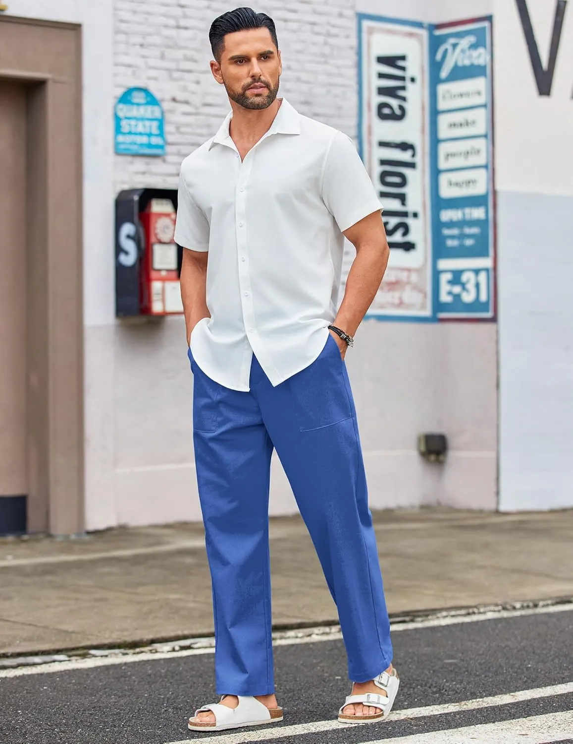 COOFANDY Men's Casual Linen Cotton Pants Elastic Waist Summer Beach Trousers Lightweight Yoga Vacation Pants