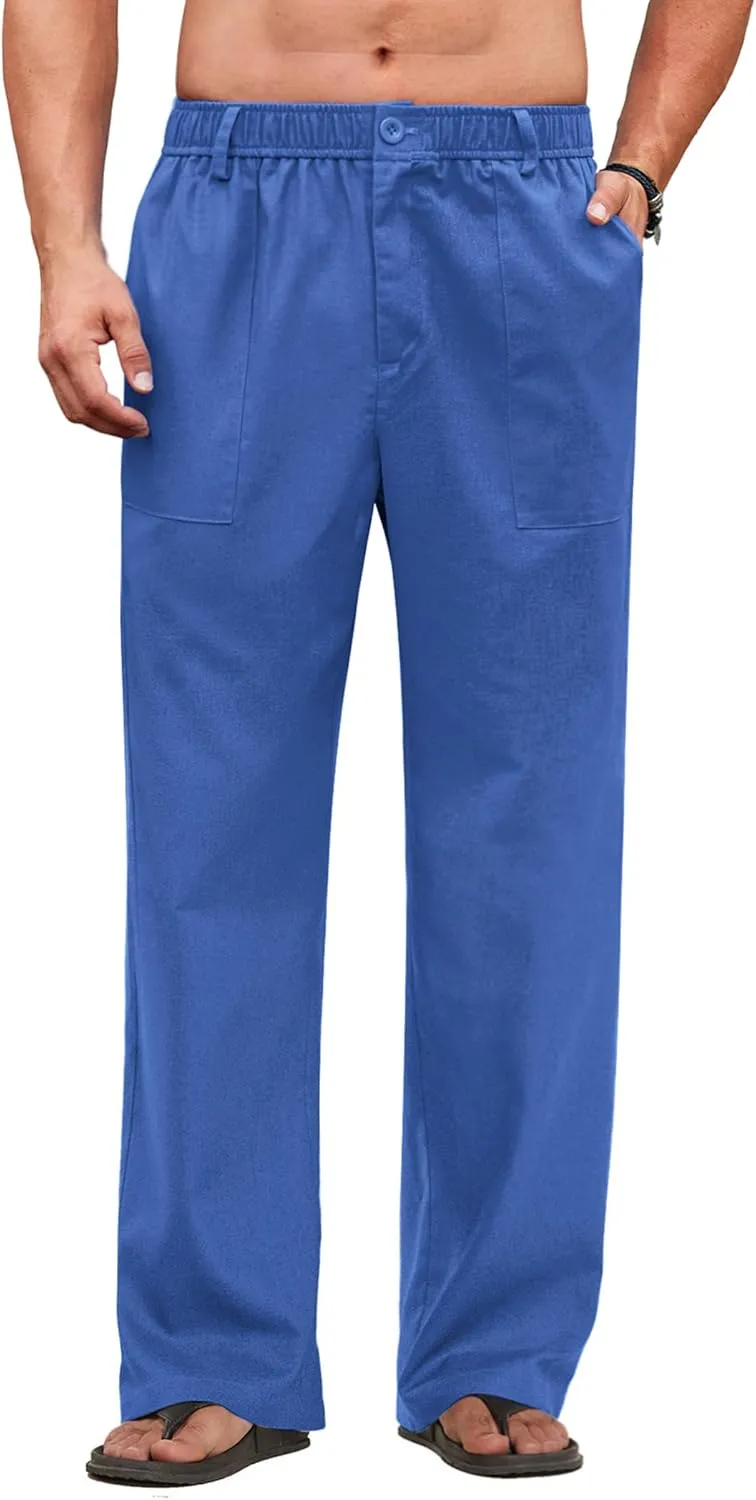 COOFANDY Men's Casual Linen Cotton Pants Elastic Waist Summer Beach Trousers Lightweight Yoga Vacation Pants