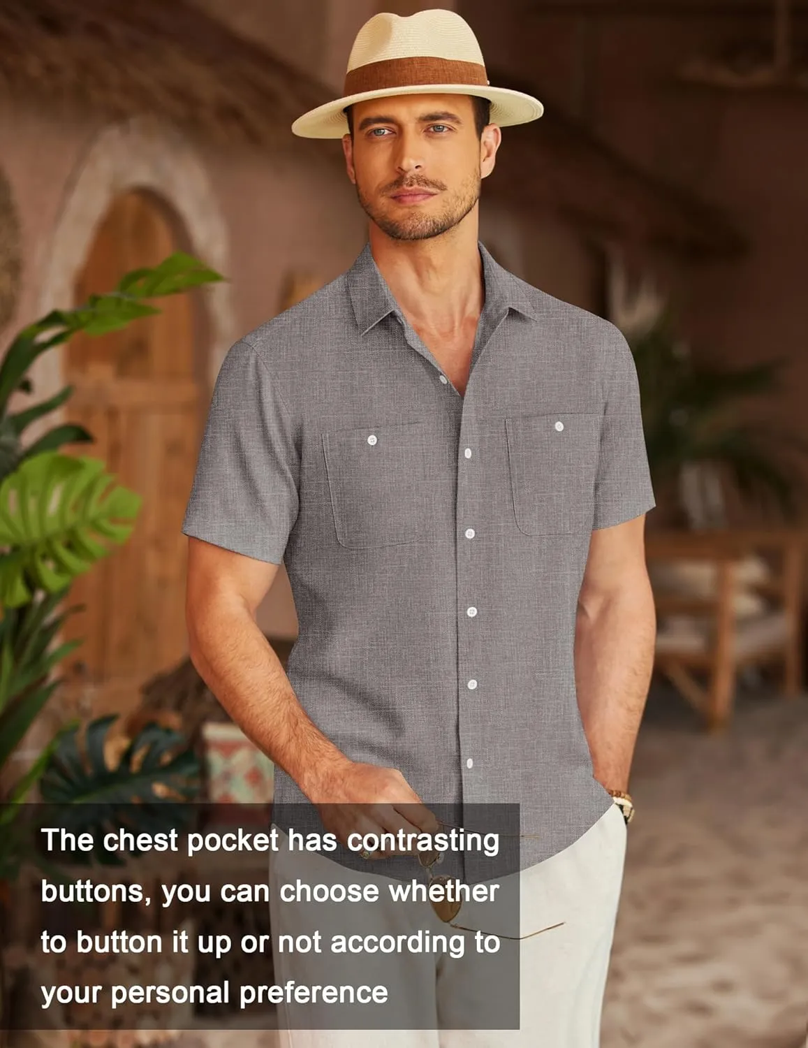 COOFANDY Men's Linen Shirt Beach Summer Short Sleeve Button Down Casual Shirts