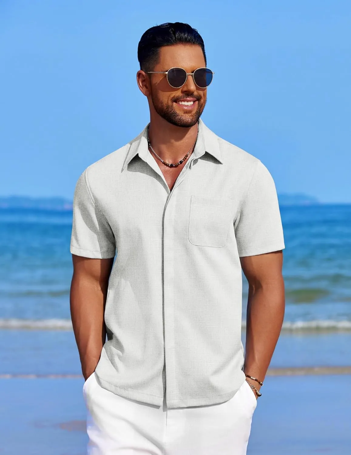 COOFANDY Mens Linen Shirt Casual Short Sleeve Button Down Shirt Summer Beach Vacation Wedding Wear