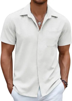 COOFANDY Mens Linen Shirt Casual Short Sleeve Button Down Shirt Summer Beach Vacation Wedding Wear