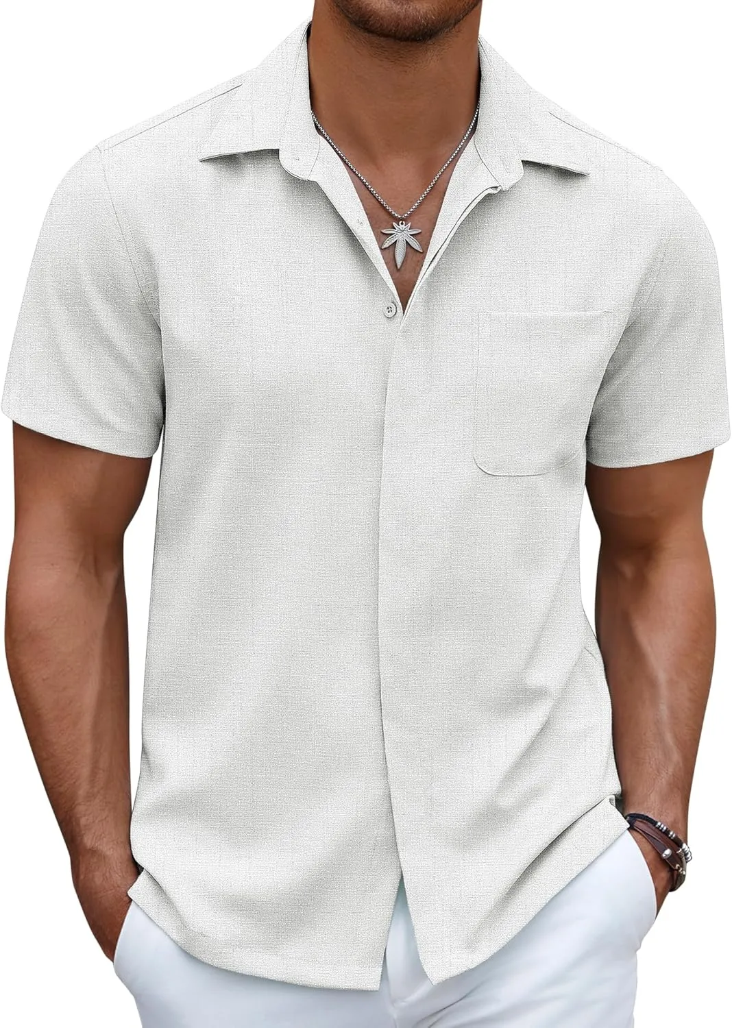 COOFANDY Mens Linen Shirt Casual Short Sleeve Button Down Shirt Summer Beach Vacation Wedding Wear