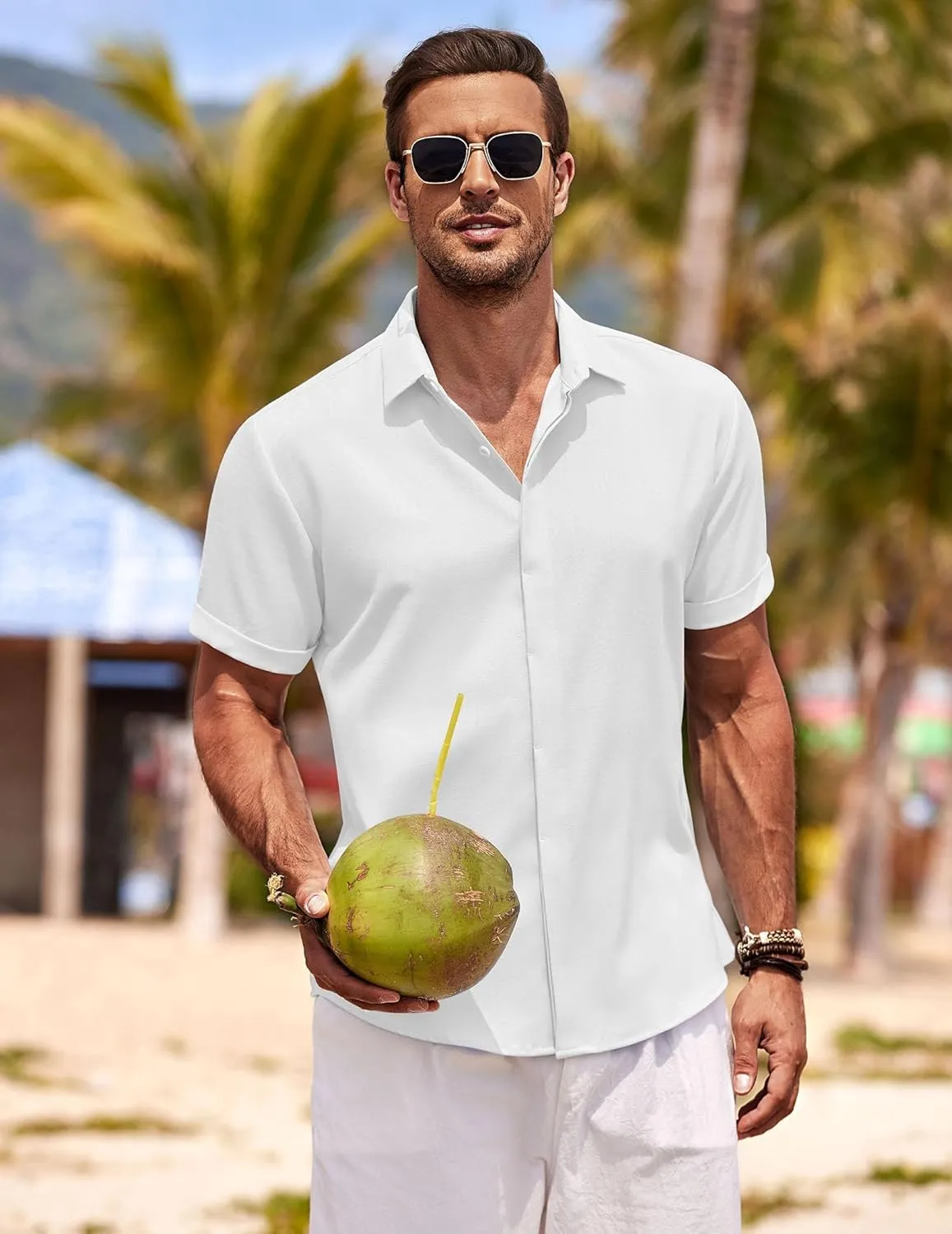 COOFANDY Men's Linen Shirts Short Sleeve Casual Shirts Button Down Shirt for Men Beach Summer Wedding Shirt